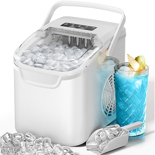 Kismile Ice Makers Countertop with Handle,8 Cubes in 6 Mins,Portable Ice Maker Machine with Self-Cleaning for Home/Office(White)