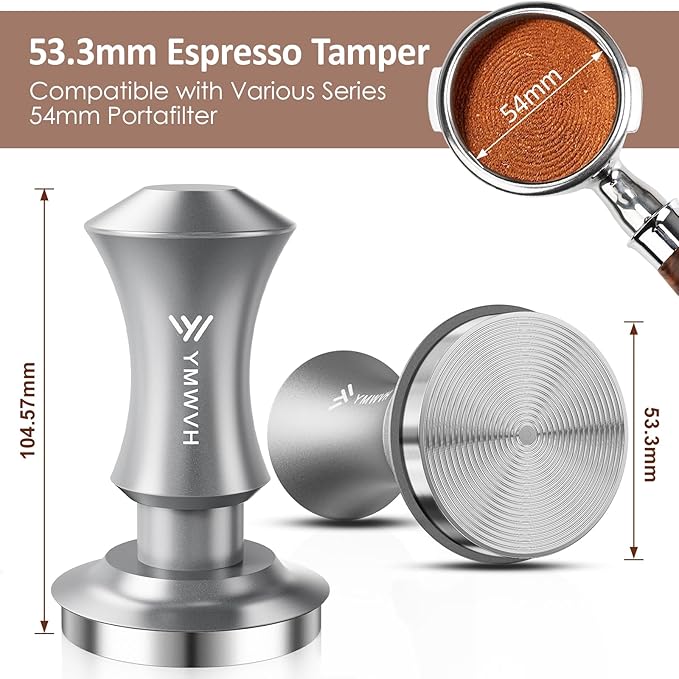 Espresso Tamper 53.3mm, YMWVH Premium Barista Espresso Coffee Tamper Silver with Dual Spring Loaded 100% Stainless Steel Ripple Base, Constant 30lb, Compatible with Breville 54mm Portafilter