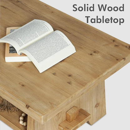 Farmhouse Wood Coffee Table - 43.4” Mid Century Modern Wooden Coffee Tables for Living Room, Solid Firwood Tabletop Rectangle Coffee Table, Center Table for Living Room, Natural Wood Color