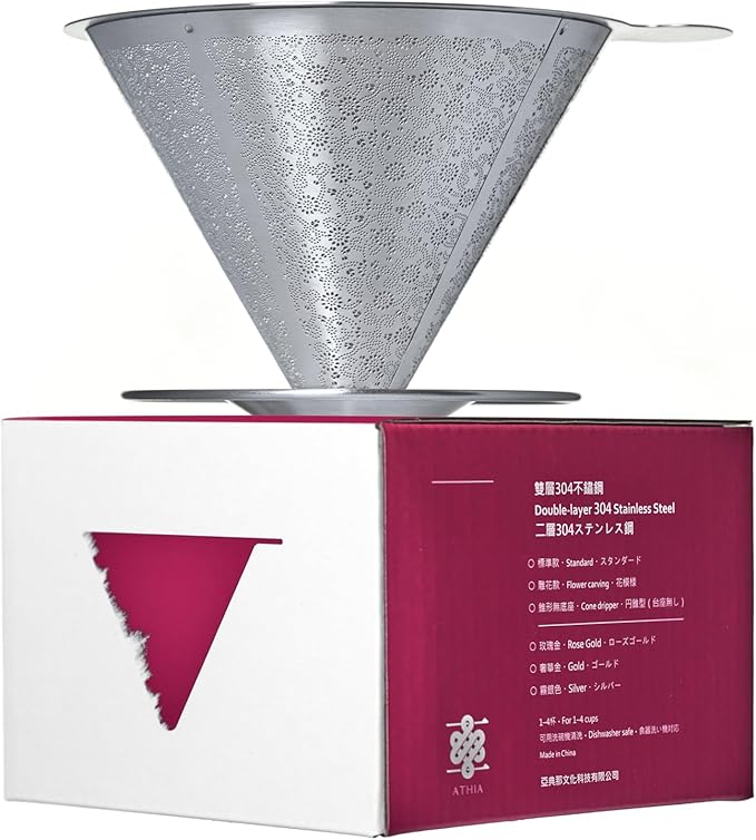ATHIA Reusable Coffee Filter, Stainless Steel Pour Over Dripper with Laser-etched Mesh Cone, Eco-Friendly Paperless Design, Fits Most Mugs, Carafes & Hario brewers (Silver, Flower Carving)