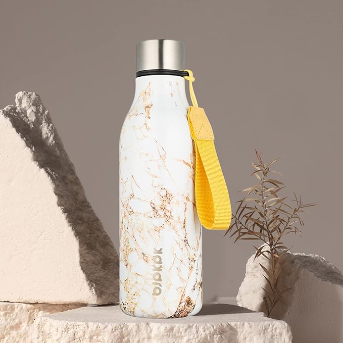 BJPKPK Insulated Water Bottles, 18 oz Stainless Steel Metal Water Bottle with Strap, BPA Free Leak Proof Jugs, Mugs, Flasks, Reusable Thermal Flasks for Sports & Travel, Marble-Amber