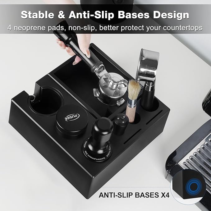PUSEE Espresso Knock Box & Tamp Station, 9 in 1 Espresso Organizer, Fit 51,54,58MM Tamper, Distributor, Portafilter & Puck Screen Accessories, Detachable Knock Box