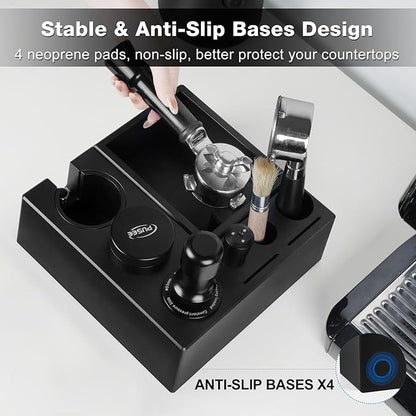 PUSEE Espresso Knock Box & Tamp Station, 9 in 1 Espresso Organizer, Fit 51,54,58MM Tamper, Distributor, Portafilter & Puck Screen Accessories, Detachable Knock Box