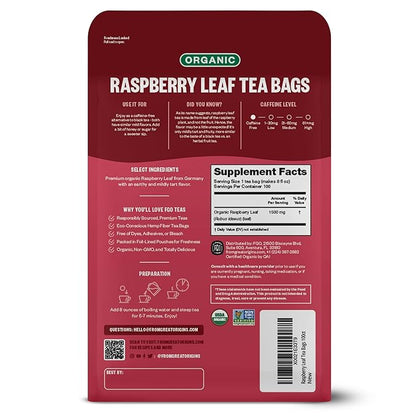 FGO Organic Red Raspberry Leaf Tea Bags, 100 Eco-Conscious Tea Bags, Caffeine Free, Imported from Germany, Reseable Bag, Packaging May Vary (Pack of 1)