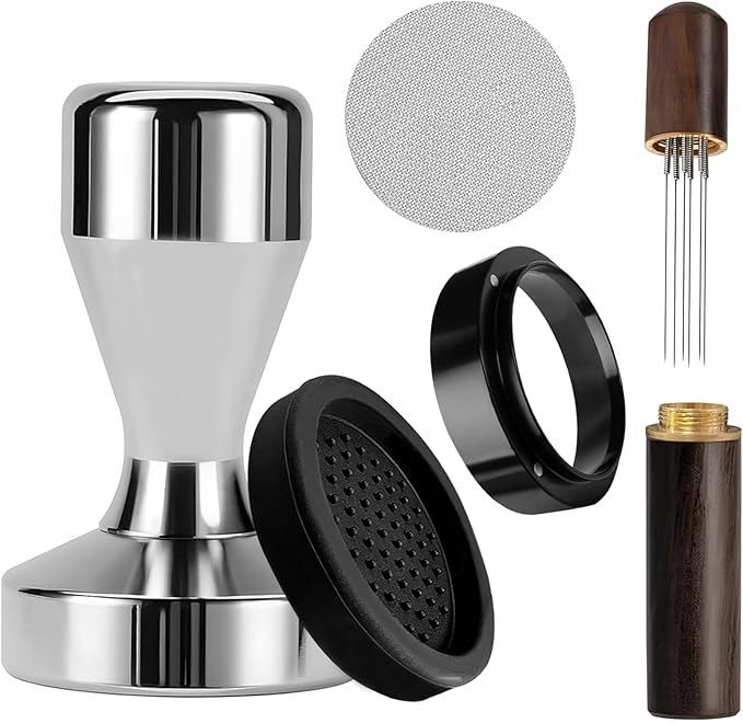 Espresso Accessories Kit, 51mm Tamper, Coffee Tamper Set, Silver 51mm Stainless Steel Espresso Tamper, Dosing Funnel, Tampers Mat, WDT Tools and Puck Screen Set Fit 51mm Portafilters