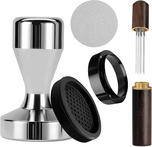 Espresso Accessories Kit, 51mm Tamper, Coffee Tamper Set, Silver 51mm Stainless Steel Espresso Tamper, Dosing Funnel, Tampers Mat, WDT Tools and Puck Screen Set Fit 51mm Portafilters