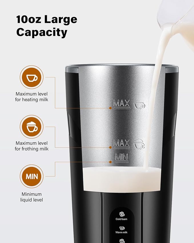 4-in-1 Electric Milk Frother and Steamer, Milk Steamer and Cold Foam Maker, Hot Chocolate Maker, Frother for Coffee, Latte, Macchiato, Cappuccino, BPA Free, Black