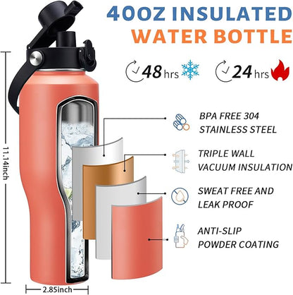 Insulated Water Bottle 40 oz with Straw - Water Bottle with Straw Lid, Pop-up Lid & Carrier Bag, Metal Coffee Cup Travel Mugs Insulated for Hot 24h and Cold 48h