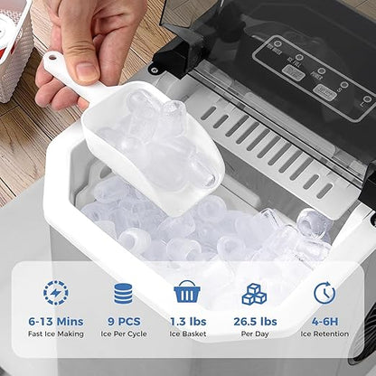 COSTWAY Countertop Ice Maker with Self-Cleaning, 9 Ice Cubes Ready in 6-13 Mins, 26.5Lbs/24H, 2 Sizes of Bullet Ice, Portable Ice Machine with Handle, Ice Scoop and Basket for Home Office (Silver)