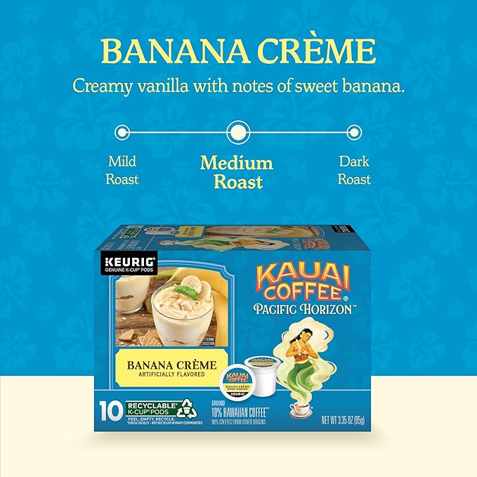 Kauai Coffee K-Cup Pods for Keurig Brewers – Arabica Coffee, 10% Hawaiian – Medium Roast, Banana Flavor with Creamy Vanilla – Banana Crème, 1 Pack of 10 Single Serve K-Cups
