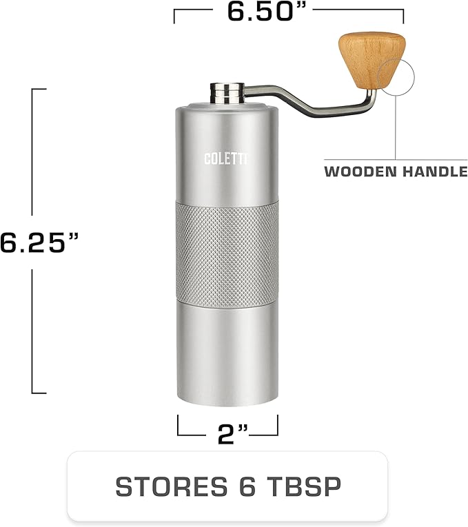 COLETTI Crag Manual Coffee Grinder — Hand Coffee Grinder — CNC Burr Precision Hand Grind, Heavy Duty for Travel, Camping, Hiking & Adventure – Includes Brush [Silver Coat]