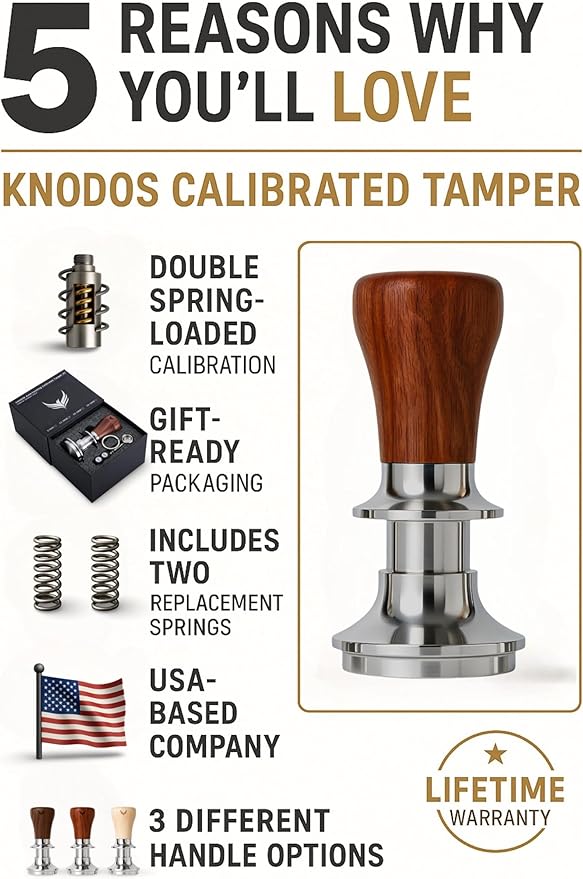 54mm Espresso Tamper for Breville Machines Rosewood KNODOS Auto Leveling, Double Spring Loaded Wooden 30lb Calibrated Coffee Tamper
