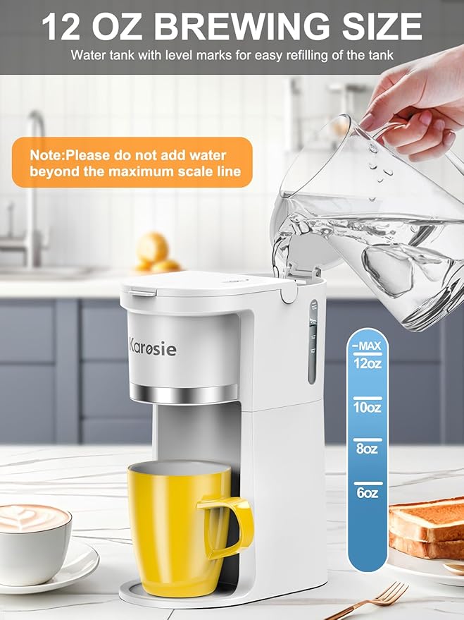 Slim Single Serve Coffee Maker, Fast Brew for K-Cup & Ground Coffee Small One Cup Coffee Maker, 6-12 Oz Brew Sizes, Coffee Machine with Descaling Reminder and Water Window,White