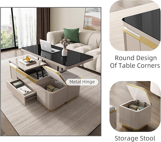 Modern Lift Top Coffee Table with 4 Storage Stools, Extendable Coffee Table with Wheels, 3-in-1 Multifunctional Center Table, Space Saving Folding Dining Table for Living Room, Easy Assembly