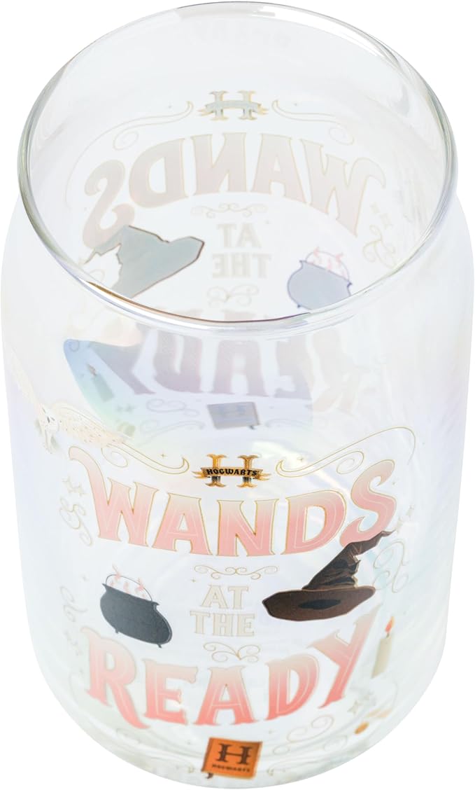 Silver Buffalo Harry Potter Iconic Icons Pattern Wands at the Ready 2 Pack Glass Jar Tumbler with Bamboo Lid and Glass Straw, 16 Ounces