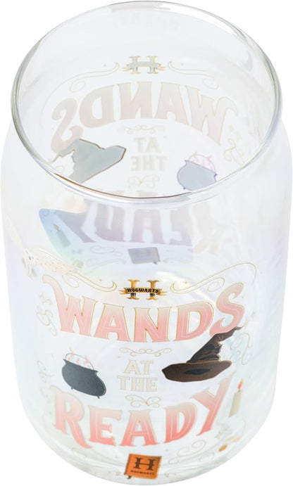 Silver Buffalo Harry Potter Iconic Icons Pattern Wands at the Ready 2 Pack Glass Jar Tumbler with Bamboo Lid and Glass Straw, 16 Ounces