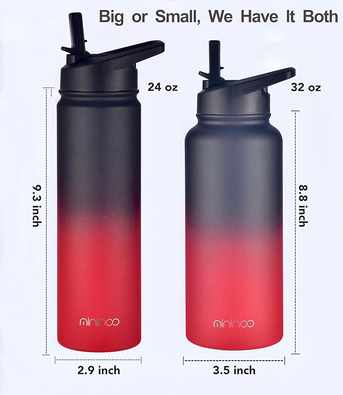 mininoo 24 oz Insulated Water Bottle with Straw Lid, Stainless Steel Double Wall Vacuum, Leak Proof, BPA Free, Keep Cold for 24H & Hot for 12H-2 pack(Ice Coke)