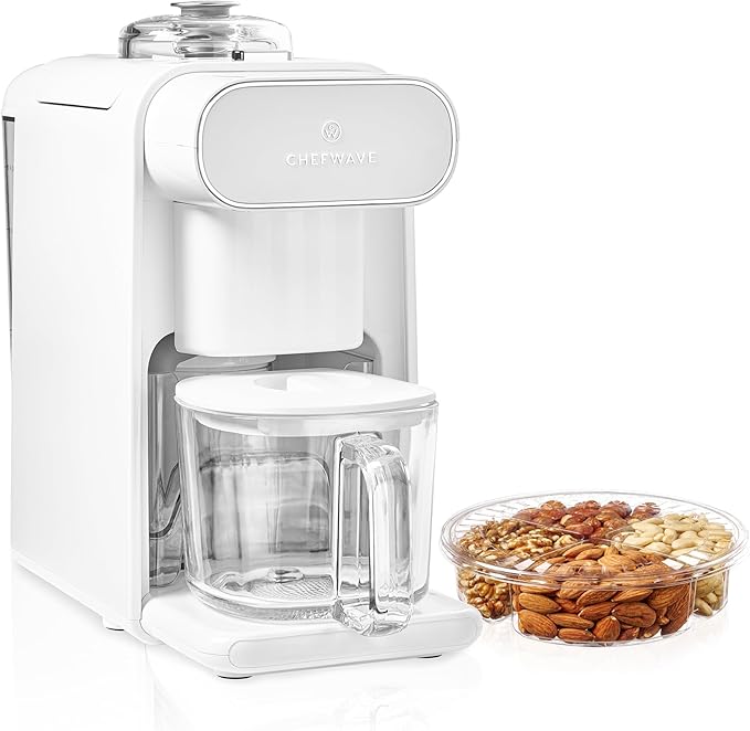 ChefWave Milkmade Non-Dairy Milk Maker (Silver/White)– 6-in-1 Vegan Plant-Based Milk Machine with Auto Clean, Delay Start & Glass Pitcher – Almond, Oat, Soy, Cashew, Coconut, Macadamia Milk Maker