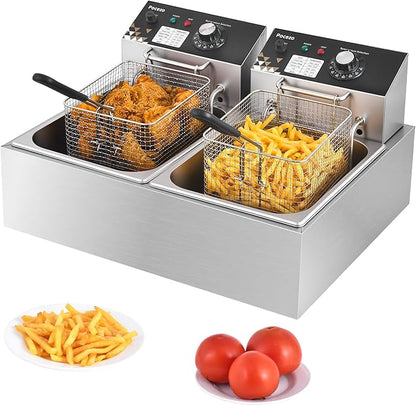 Deep Fryer with Basket, 3400w 9.1Qt Oil Tank / 4Qt Basket x 2, Stainless Steel Countertop Electric Fryer for Home and Commercial Use, Oil Fryer with Temperature Control and Double Overheat Protection