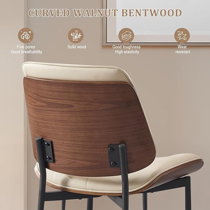 BV Mid Century Modern Dining Chairs Set of 6, Upholstered Pu Leather Armless Accent Chair with Walnut Bentwood Back, Retro Kitchen Chair for Dining Room, Living Room, Kitchen, Beige