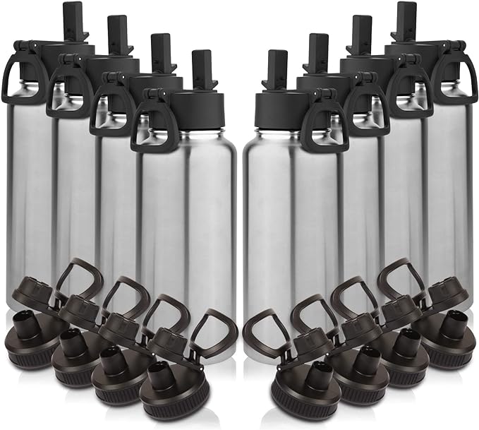 Volhoply 32 oz Insulated Water Bottles Bulk 8 Pack with Straw Lid & Spout Lid,Stainless Steel Sports Water Bottle,Double Wall Vacuum Cups,Leakproof Wide Mouth Metal Flask for Travel(Silver,8)