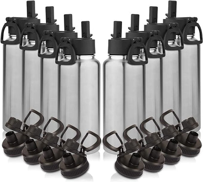 Volhoply 32 oz Insulated Water Bottles Bulk 8 Pack with Straw Lid & Spout Lid,Stainless Steel Sports Water Bottle,Double Wall Vacuum Cups,Leakproof Wide Mouth Metal Flask for Travel(Silver,8)