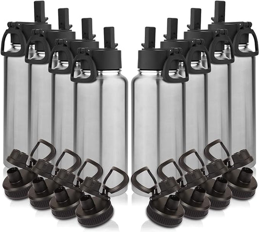 Volhoply 32 oz Insulated Water Bottles Bulk 8 Pack with Straw Lid & Spout Lid,Stainless Steel Sports Water Bottle,Double Wall Vacuum Cups,Leakproof Wide Mouth Metal Flask for Travel(Silver,8)