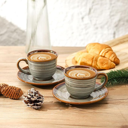 Ceramic Espresso Cups with Saucers 8 Oz,Set of 4 Cappuccino Mug with Handle for Coffee,Tea,Latte and Macchiato,Porcelain Demitasse Cups Set for Kitchen and Cafe,Christmas Gift,Brown