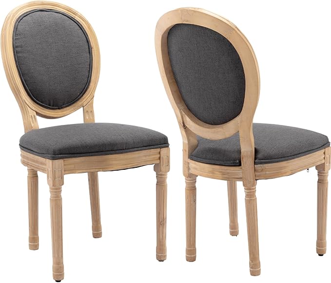 Vintage French Country Dining Chairs Set of 2, Linen Fabric Dining Chair with Solid Wood Legs, Grey Upholstered Dining Chairs, Sillas para Comedor, Kitchen & Dining Room Chair (Gray, Linen, 2Pcs)