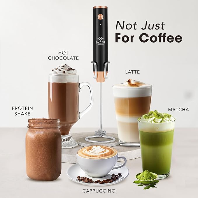 Zulay Kitchen Lux Rechargeable Milk Frother Handheld, 4 Included Whisks - Powerful 2-Speed Motor, Fully Waterproof, 2000mAh Battery - Drink Mixer For Latte, Cappuccino, Matcha, Protein Powder