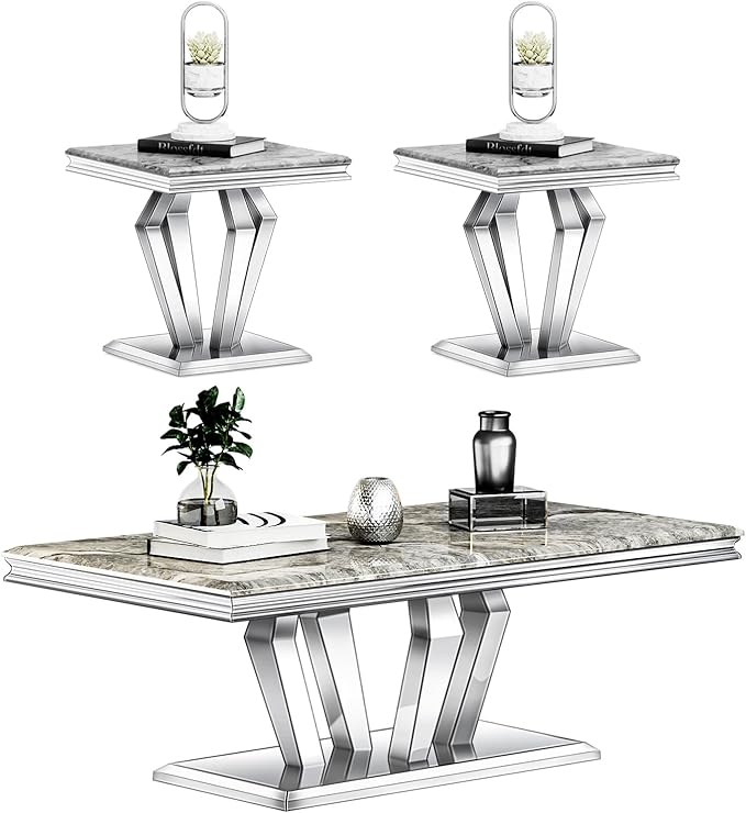 Living Room Table Set, 3-Piece Table Set Includes Coffee Table & 2 End Tables, Gray and Silver Coffee Table Set for Home Apartment Office