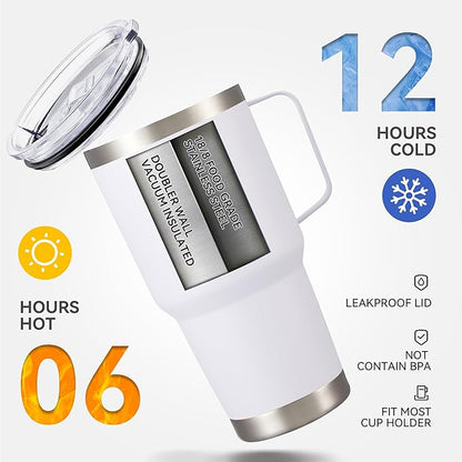 30 oz Tumbler with Handle and Lid, Stainless Steel Tumblers Double Wall Vacuum Insulated Travel Mug Leak Proof Cup Keep Drinks Cold and Hot White, 1 Pack