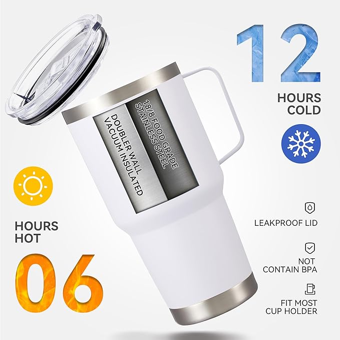 30 oz Tumbler with Handle and Lid, Stainless Steel Tumblers Bulk Double Wall Vacuum Insulated Travel Mug Leak Proof Cup Keep Drinks Cold and Hot White, 4 Pack