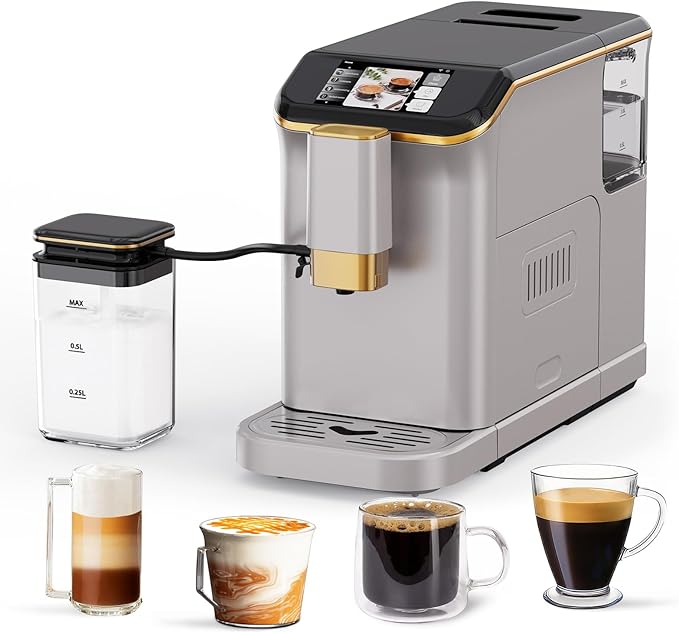Automatic Espresso Machine with Coffee Grinder and Milk Frother, 20 Bars Pressure, 15 Grind Settings, Space Saving, Energy Efficient, Thermoblock Heating, Fast Brew for Home Kitchen