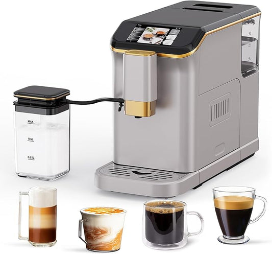 Automatic Espresso Machine with Coffee Grinder and Milk Frother, 20 Bars Pressure, 15 Grind Settings, Space Saving, Energy Efficient, Thermoblock Heating, Fast Brew for Home Kitchen