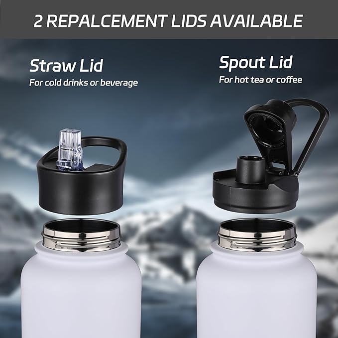 HASLE OUTFITTERS 32 oz Insulated Water Bottle Stainless Steel Double Walled Vacuum Sports Water Bottle with 2 Lids (Straw and Spout Lid) for Gym Camping Hiking(White,1)