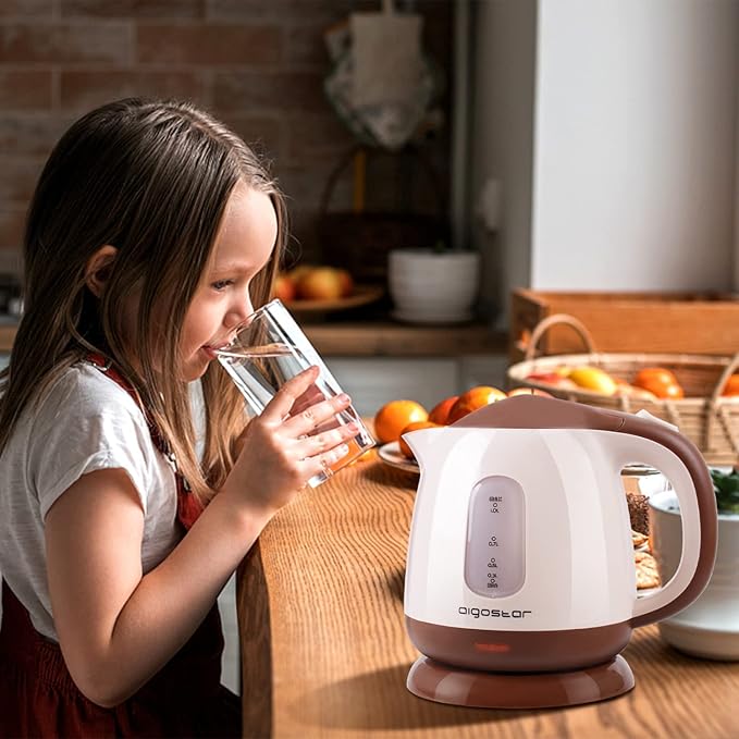 Aigostar Small Electric Kettle, 1L Portable Electric Tea Kettle 1100W with Automatic Shut-Off and Boil Dry Protection, Travel Hot Water Boiler Cordless for Making Coffee and Tea, BPA-Free, Brown