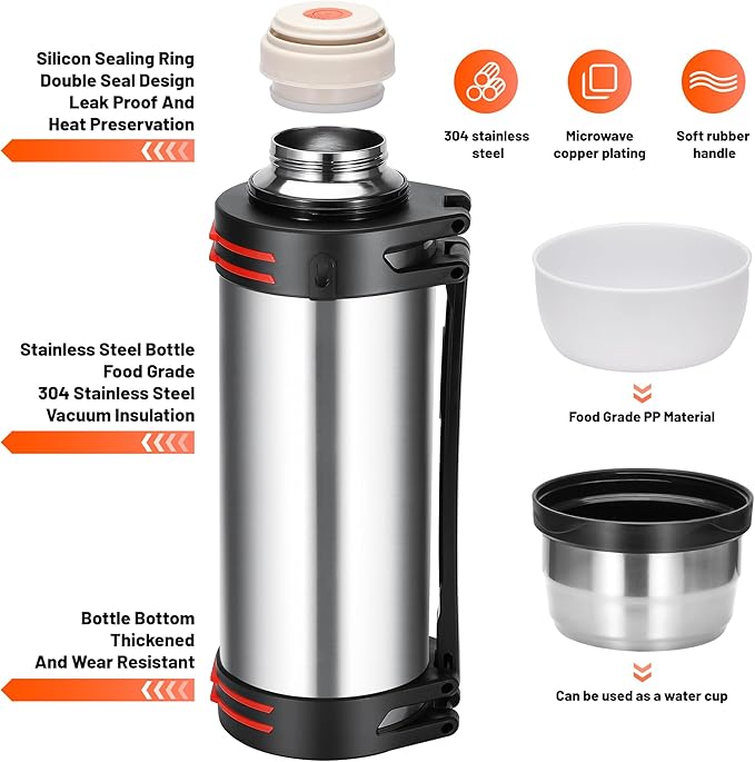 Large Thermosflask- 202oz Stainless Steel Insulated Bottle for Travel with BPA Free Cup - 6L Oversized Vacuum Insulated Thermoses with Handle and Strap for Hot & Cold Drinks(Silver)