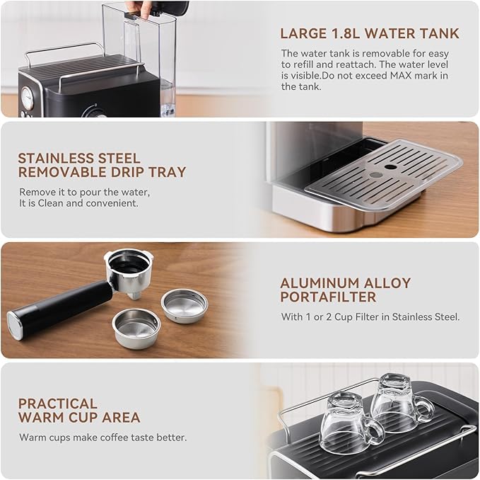 Professional 20-Bar Espresso Coffee Maker, Semi-Automatic with Steam Wand Milk Frother, All-in-One Machine with 1.8L Removable Tank for Latte Cappuccino, Easy Clean