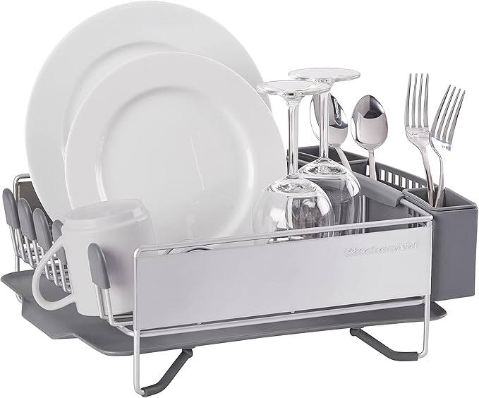 KitchenAid Compact Space Saving, Dish Rack with Removable Flatware Caddy and Angled Self Draining Drainboard, Satin Gray, 15-Inch-by-13.25-Inch