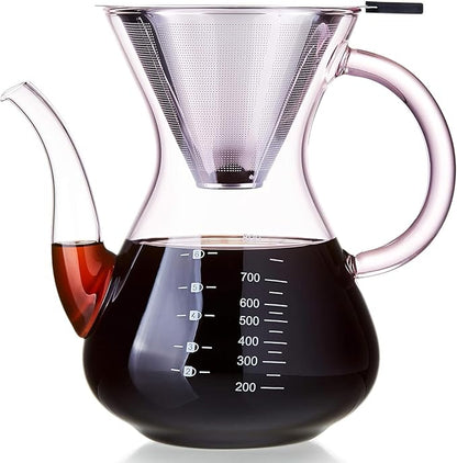 Unbreakable - Pour Over Coffee Maker with Double Stainless Filter 34 fl oz, Thickened Heat-Resistant Borosilicate Glass Pour Over Coffee Dripper, Stovetop Safe
