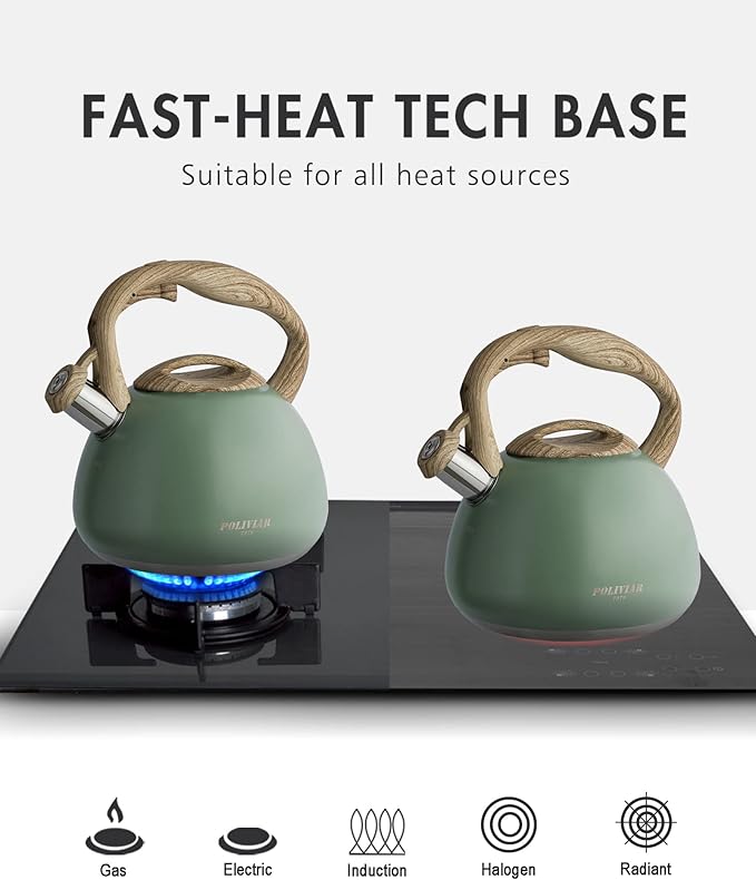 Poliviar Tea Kettle, 2.7 Quart Seaweed Green Finish with Wood Pattern Handle Loud Whistle Food Grade Stainless Steel Teapot, Anti-Hot Handle and Anti-Rust, Suitable for All Heat Sources (JX2020-SB30)