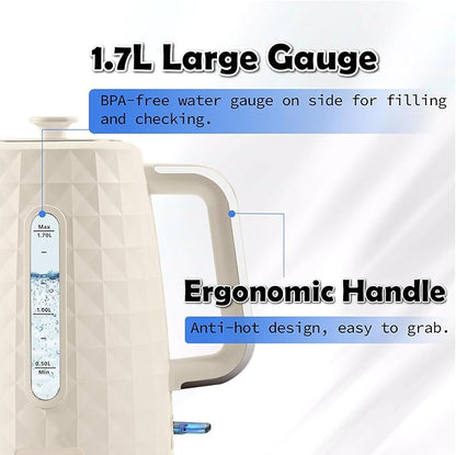 1.7L Electric Kettle, Fast Boiling 1200W Hot Water Boiler, 360° Cordless Design,Electric Tea Kettle for Boiling Water Auto Shut Off Boil Dry Protection，Electric Water Kettle for Coffee Tea,Beige