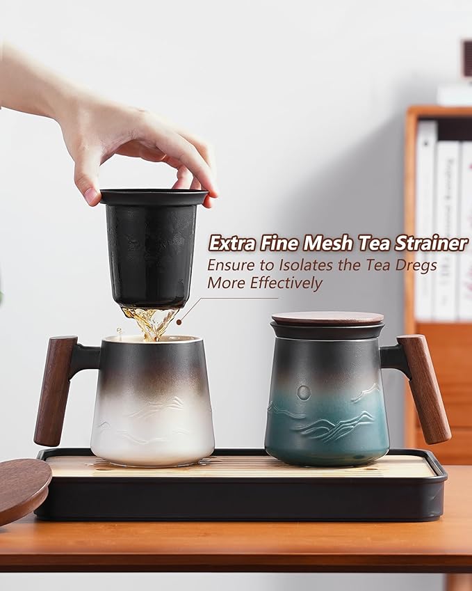 ZENS Tea Mug with Infuser and Lid for Loose Leaf Tea Steeper, 14.5 oz Embossed Ceramic Tea Cup with Fine Strainers and Wood Handle, Diffusers Accessories for Tea Lovers Gifts
