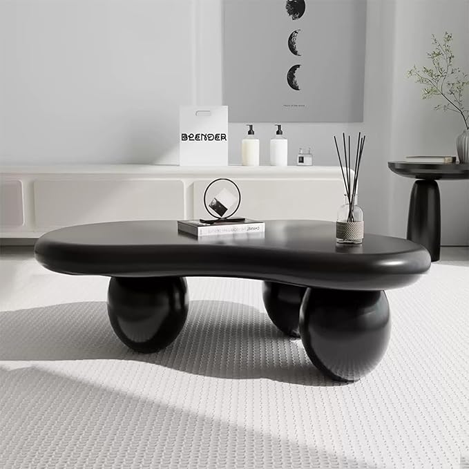 Asymmetric Black Coffee Table with 3 Stable Ellipsoid Leg, Modern Stylish Cloud Center Table - Cafe Books Laptop Snacks and Decor (D-47.24in)