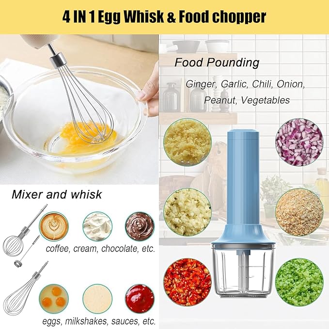 4-in-1 Electric Hand Mixer, Electric Whisk, Mini Onion Chopper 10Oz, Small Cordless Hand Blender, Milk Frother Wand for Coffee, Matcha, 4 Speed Rechargeable Food Processor for Baby Food Maker
