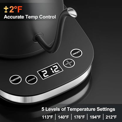 Stariver Gooseneck Electric Kettle with 5 Temperature Control Presets, Pour Over Coffee Kettle ±2℉ Temp Control, 1.2L Gooseneck Kettle, for Tea& Coffee, Stainless Steel Interior, 1000W, Black