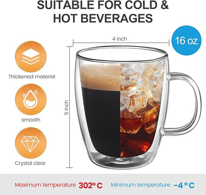 YUNCANG Double Wall Coffee Mugs, (4-Pcak) 16 Ounces-Clear Glass with Handle,lnsulated,Cappuccino,Tea,LatteCups,Beverage Glasses Heat Resistant