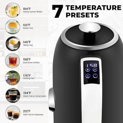 SUSTEAS Electric Kettle Temperature Control - 57oz Hot Water Boiler with Thermometer, 1500W Fast Heating Stainless Steel Tea Kettles, Cordless LED Indicator, Auto Shut-Off & Boil Dry Protection,Black