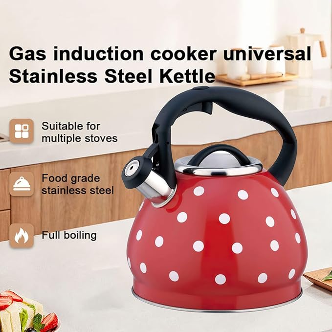 Tea Kettle Stovetop, Whistling Teapot 304 Stainless Steel 3.2 Quart Teakettle, Polka Dot Teapots for Stove Top, Whistle Tea Pot with Cool Touch Ergonomic Handle (Red, 3.2 Quarts)